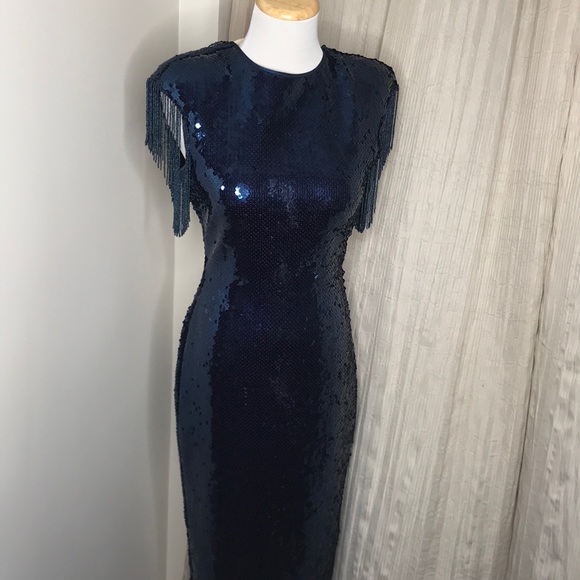 SOLD πVTG Blue Sequin Midi Fringe Open Back Dress M - Picture 12 of 16